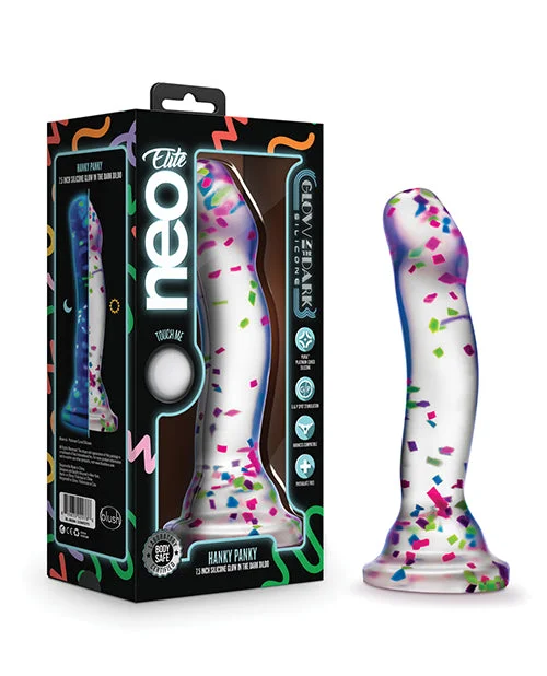 ribbed silicone curved dildo-Blush Neo Elite Hanky Panky 7" Confetti Dildo - Glow in the Dark