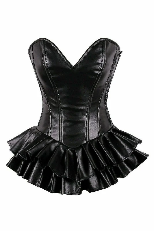 corset with dotted lace-Top Drawer Black Faux Leather Steel Boned Mini Corset Dress