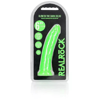 realistic silicone red dildo-Realrock Glow In The Dark Slim Dildo 6" by Shots