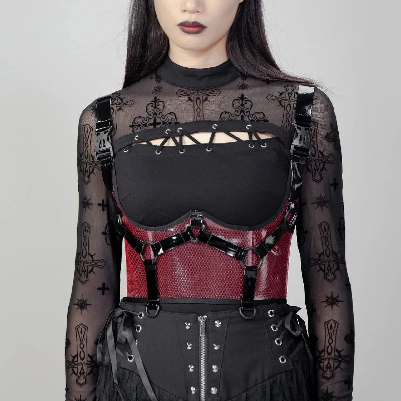 corset for 1940s style-Women's Punk Buckles Mesh Underbust Corset Red