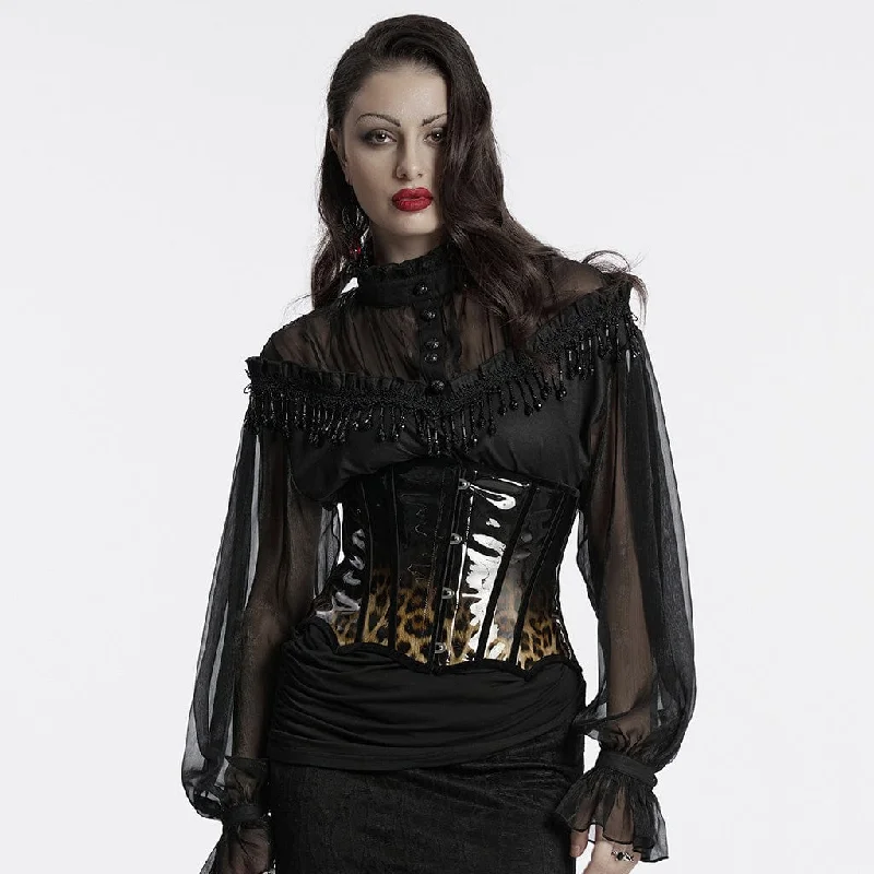 corset top with ruching-Women's Gothic Leopard Patent Leather Underbust Corset Coffee