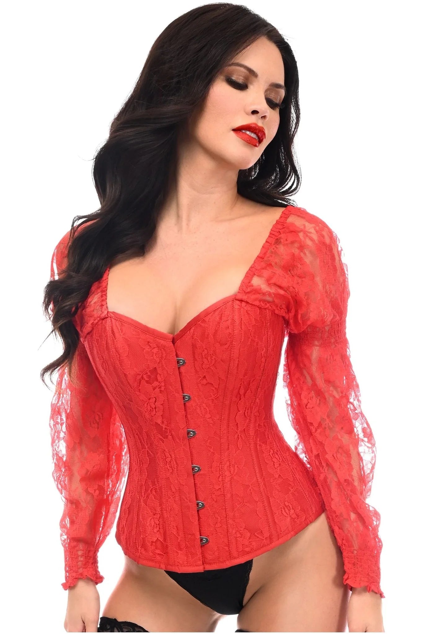 corset dress for outdoor event-Top Drawer Lace Steel Boned Long Sleeve Corset