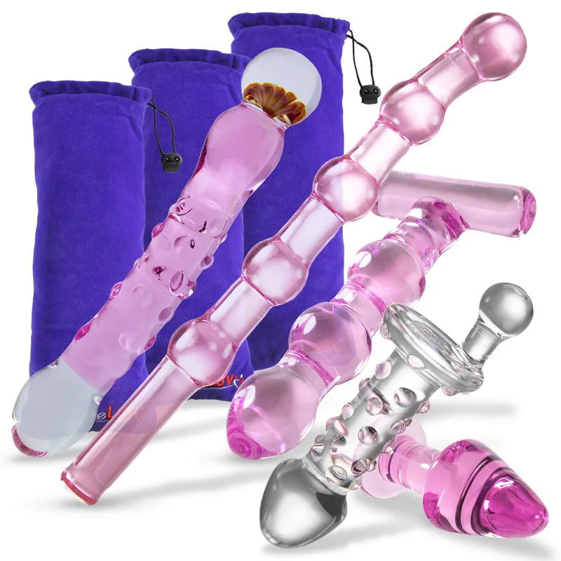 straight silicone matte dildo-Bundle 5 Item Deluxe Glass Sex Toy Kit BDSM Dildo Butt Plug Set Pink Lover