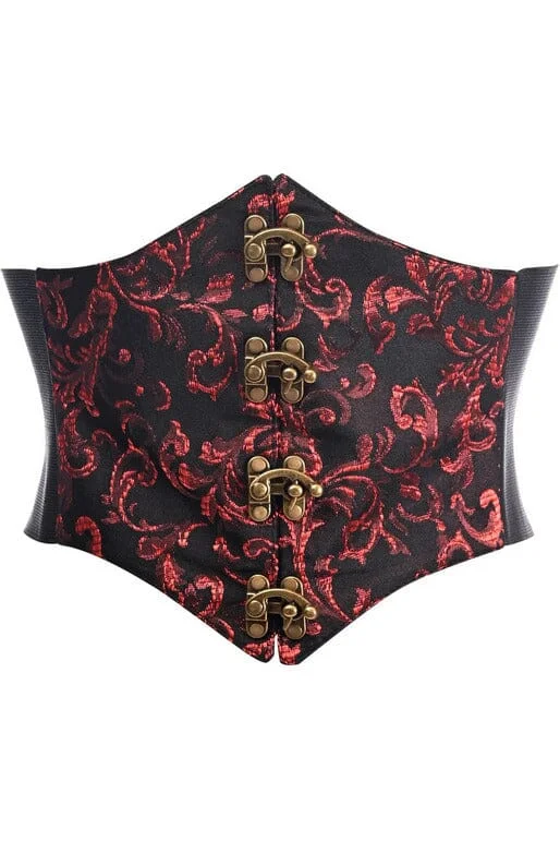 corset top midnight satin-Lavish Black/Red Swirl Brocade Corset Belt Cincher w/Clasps