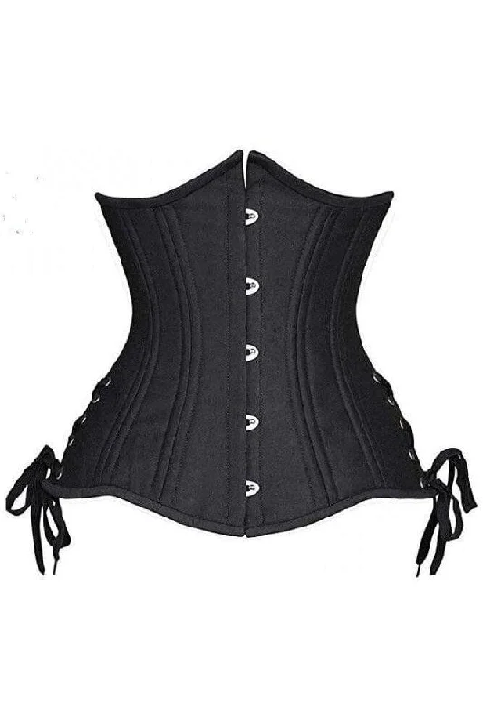 corset with wave pattern-Top Drawer Black Satin Double Steel Boned Curvy Cut Waist Cincher Corset w/Lace-Up Sides