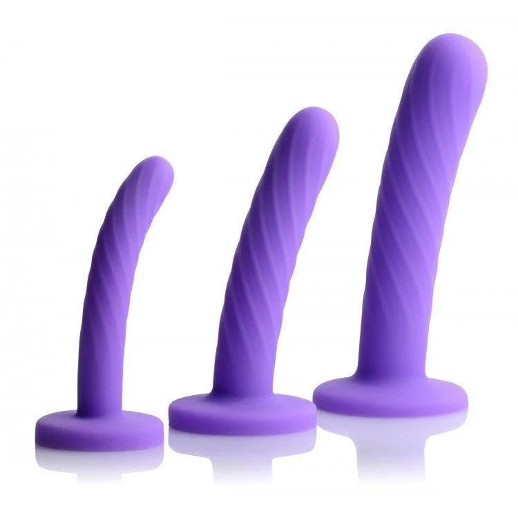 ribbed rubber curved dildo-Strap U Tri Play 3 Pc Silicone Dildo Set Purple