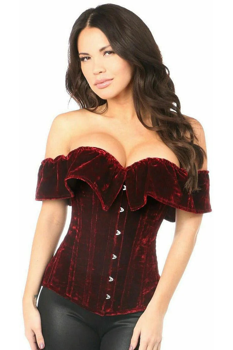 corset with front ribbons-Lavish Velvet Steel Boned Overbust Corset Small