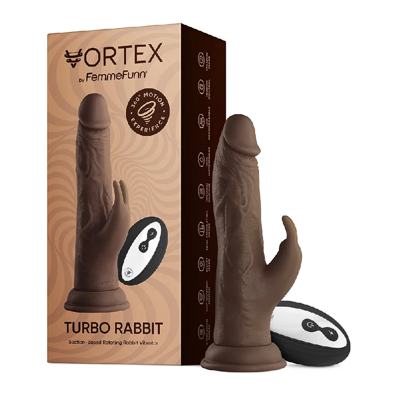 flexible rubber gold dildo-FemmeFunn Vortex Turbo Rabbit 2.0 8 in. Dual Stimulation Vibrating Dildo Brown