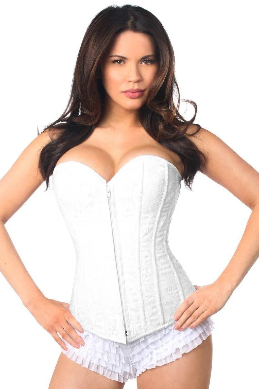 corset top with sheer applique-Lavish White Lace Overbust Corset w/Zipper