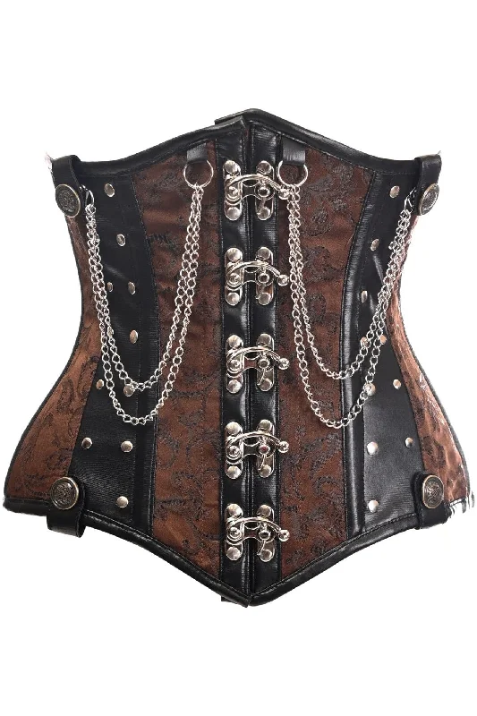 corset with sturdy seams-Top Drawer Brown/Black Steel Boned Underbust Corset w/Chains and Clasps