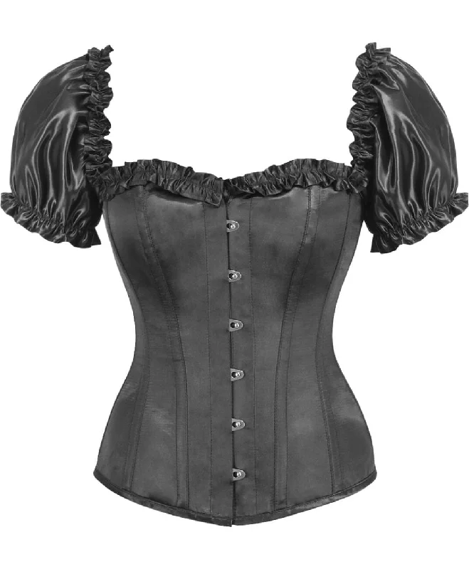 corset dress for showcase-Top Drawer Steel Boned Black Satin Overbust Corset w/Sleeves