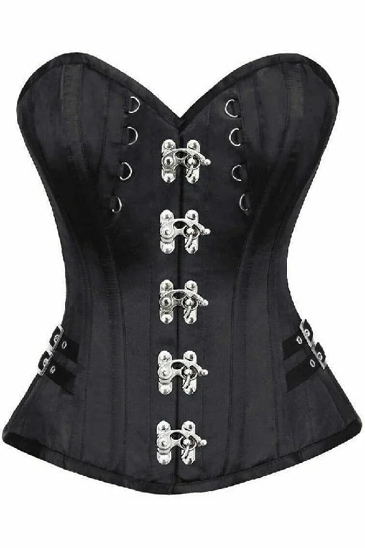 corset with shiny finish-Top Drawer Black Satin Steel Boned Overbust Corset w/Buckles