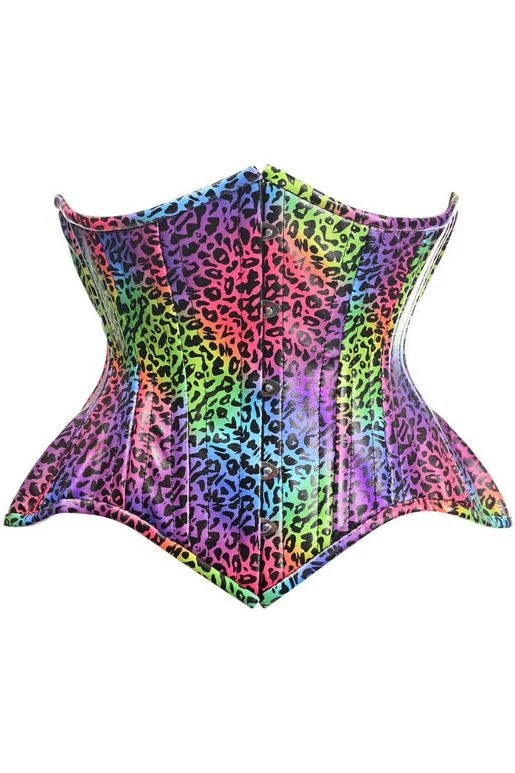 corset for midsection slimming-Rainbow Leopard Faux Leather Underbust Corset