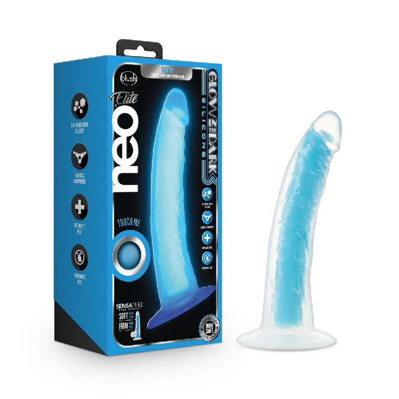 thick silicone straight dildo-Blush Neo Elite Glow In The Dark 7.5-Inch Blue Dildo