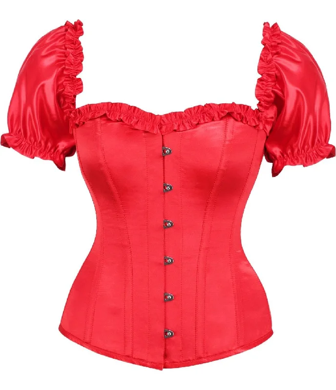 corset for dark wedding-Top Drawer Steel Boned Red Satin Overbust Corset w/Sleeves