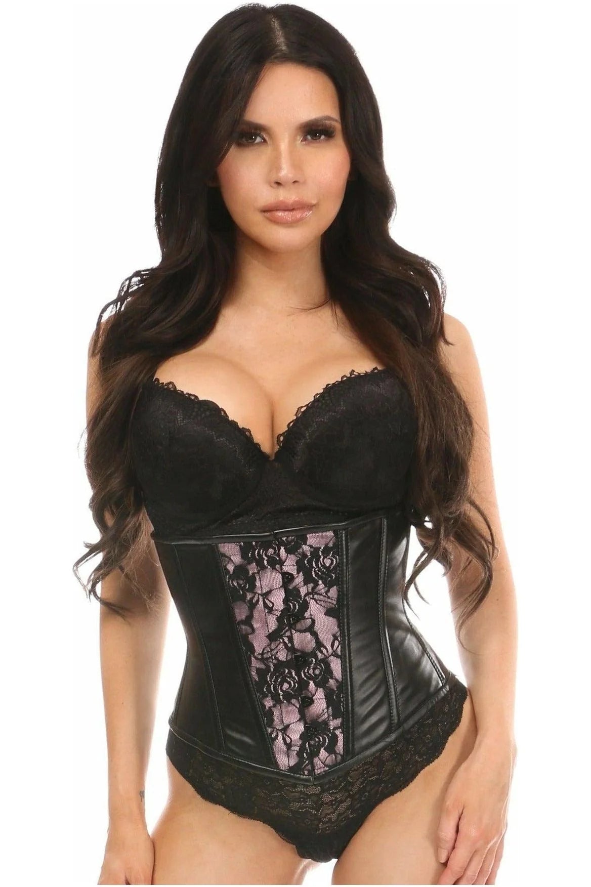 corset for waistline shaping-Lavish Wet Look & Lace Overlay Waist Corset