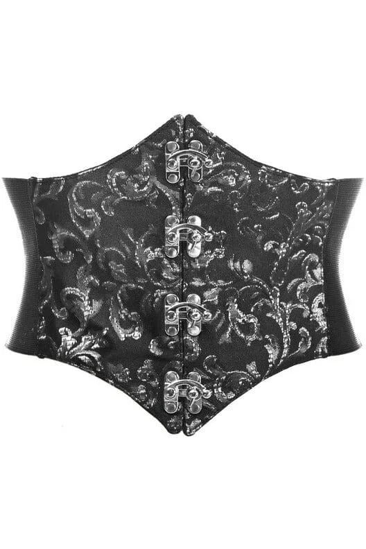 corset with crisscross laces-Lavish Black/Silver Swirl Brocade Corset Belt Cincher w/Clasps