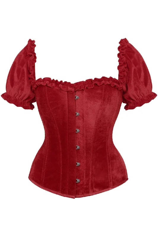 corset for pole dancing-Top Drawer Steel Boned Dark Red Velvet Overbust Corset w/Sleeves