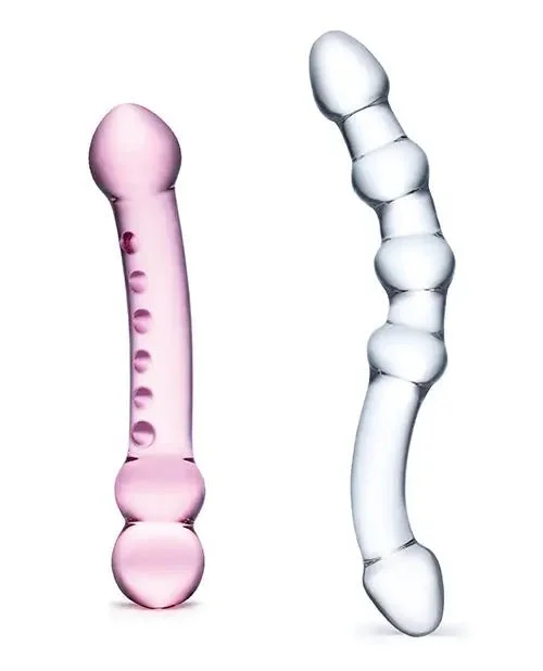 textured glossy advanced dildo-Glas 2 Pc Double Pleasure Glass Dildo Set