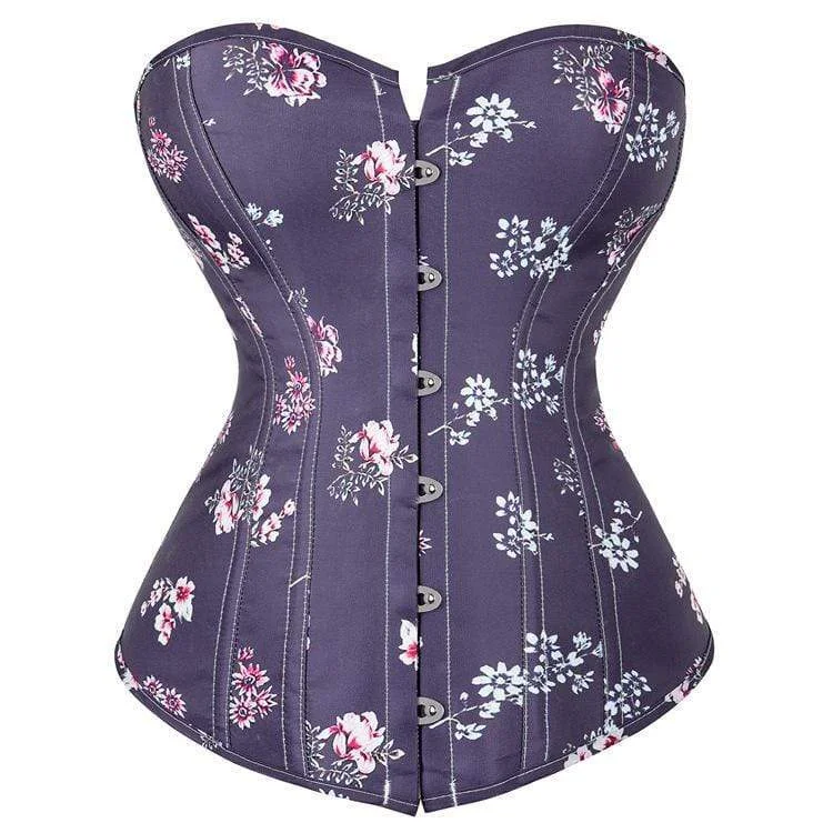 corset top with velvet panels-Women's Gothic Floral Printed Strappy Overbust Corset Purple