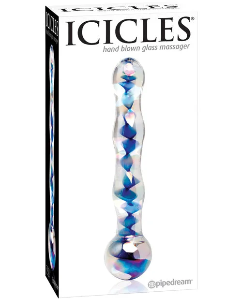 ribbed glass green dildo-Icicles No. 8 Hand Blown Glass Massager - Clear W-inside Blue Swirls