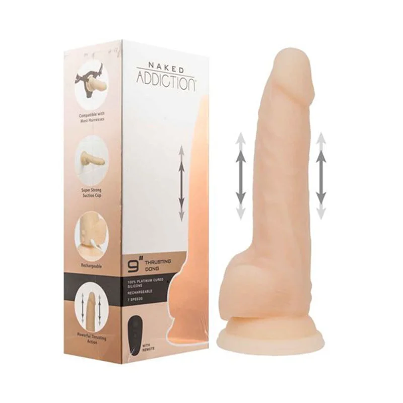 textured rubber silver dildo-Naked Addiction Rechargeable Remote-Controlled 9 in. Silicone Thrusting Dildo Beige