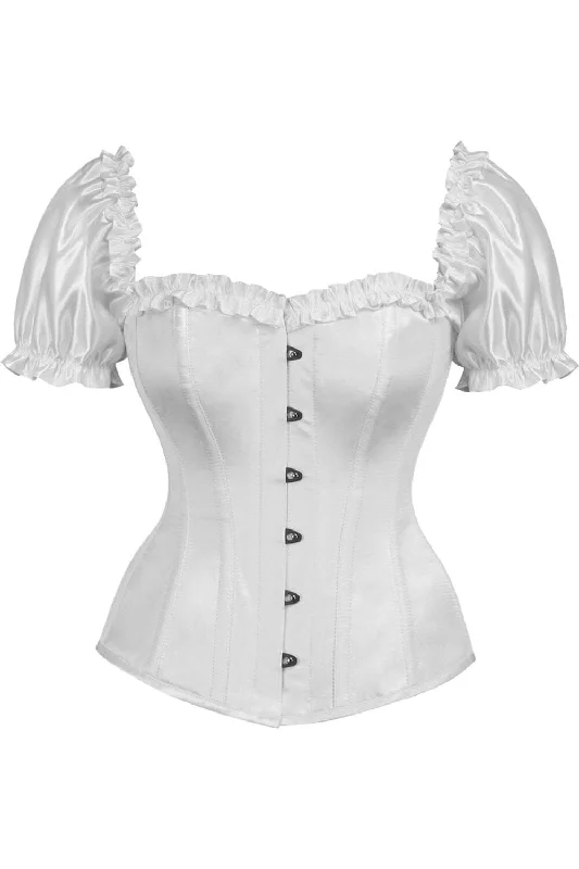 corset top with crystals-Top Drawer Steel Boned White Satin Overbust Corset w/Sleeves